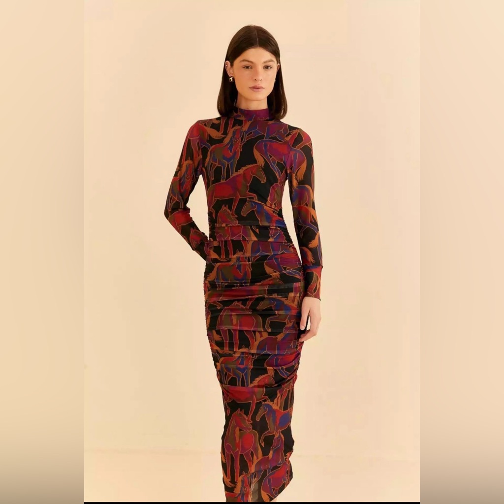 Farm Rio Wild Horses Tulle Ruched Long Sleeve Midi Dress Size Xs Nwt